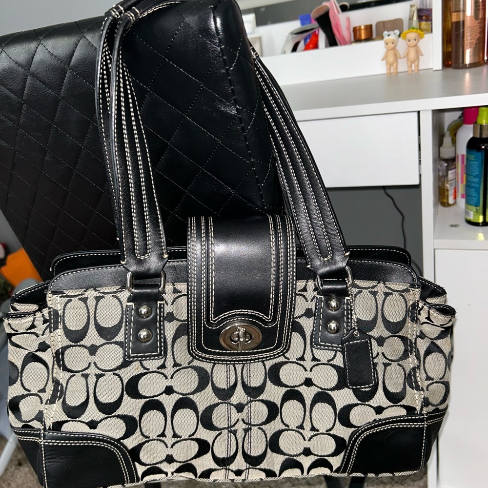 Coach Black and Cream Signature Shoulder Bag with Turn-Lock